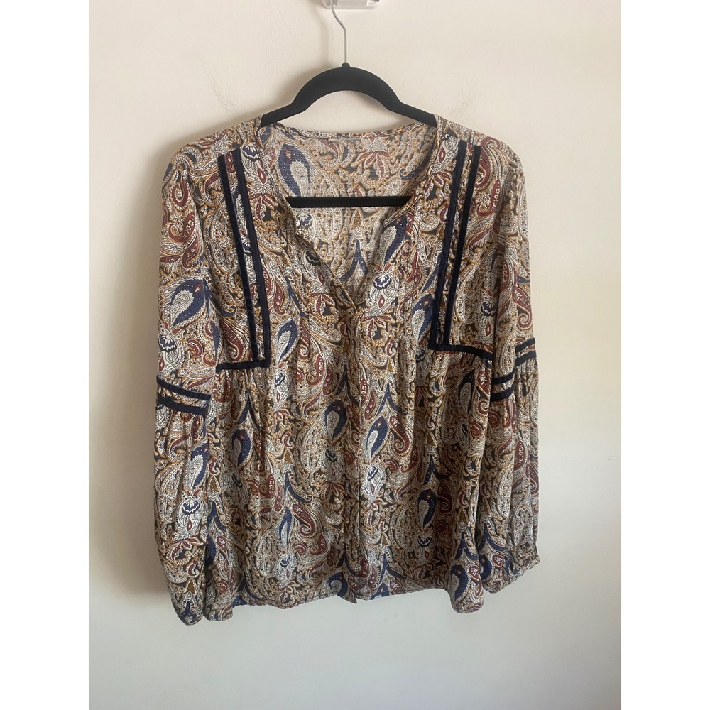 Paisley Split Neck Blouse with Velvet‎ Trim Navy Ochre Boho Peasant Top L